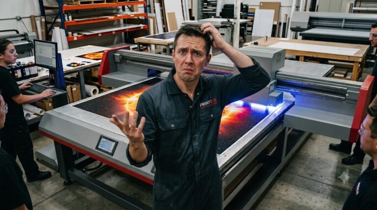 Perplexed technician in the summer heat in front of a large-format flatbed printing system